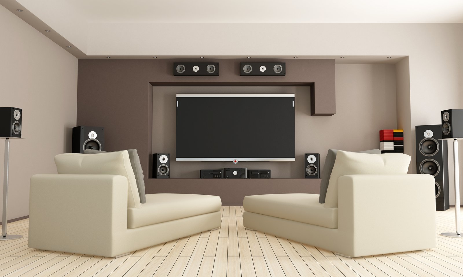 Home theater room with hi-fi sound system and white lounge chairs.